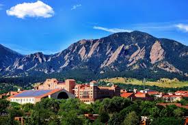 The Flatirons rising above downtown Boulder.