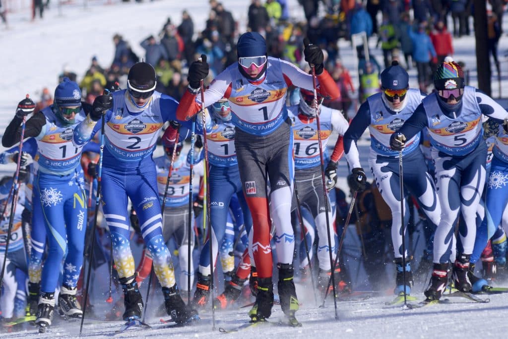 Cross-country skiers at the start of a race.
